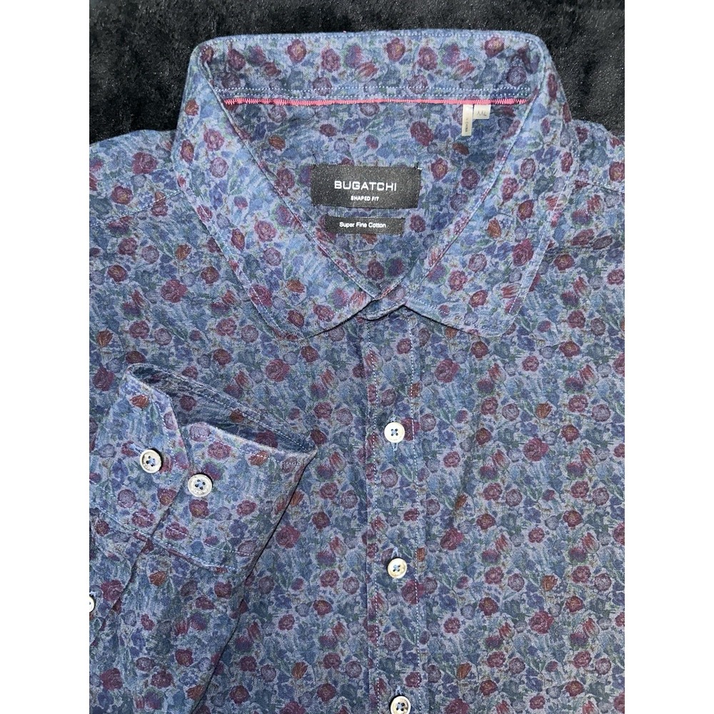 Bugatchi Shaped Fit Super Fine Cotton Blue Floral Button Down L/S Shirt Size XXL